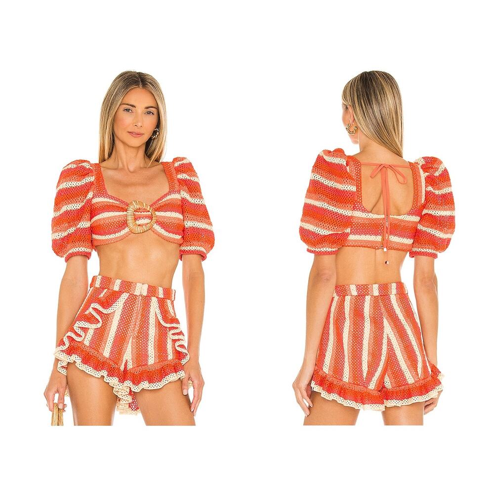 PatBo Striped Crochet Crop Top Puff Sleeve Beach Vacation Resort Boho European 2